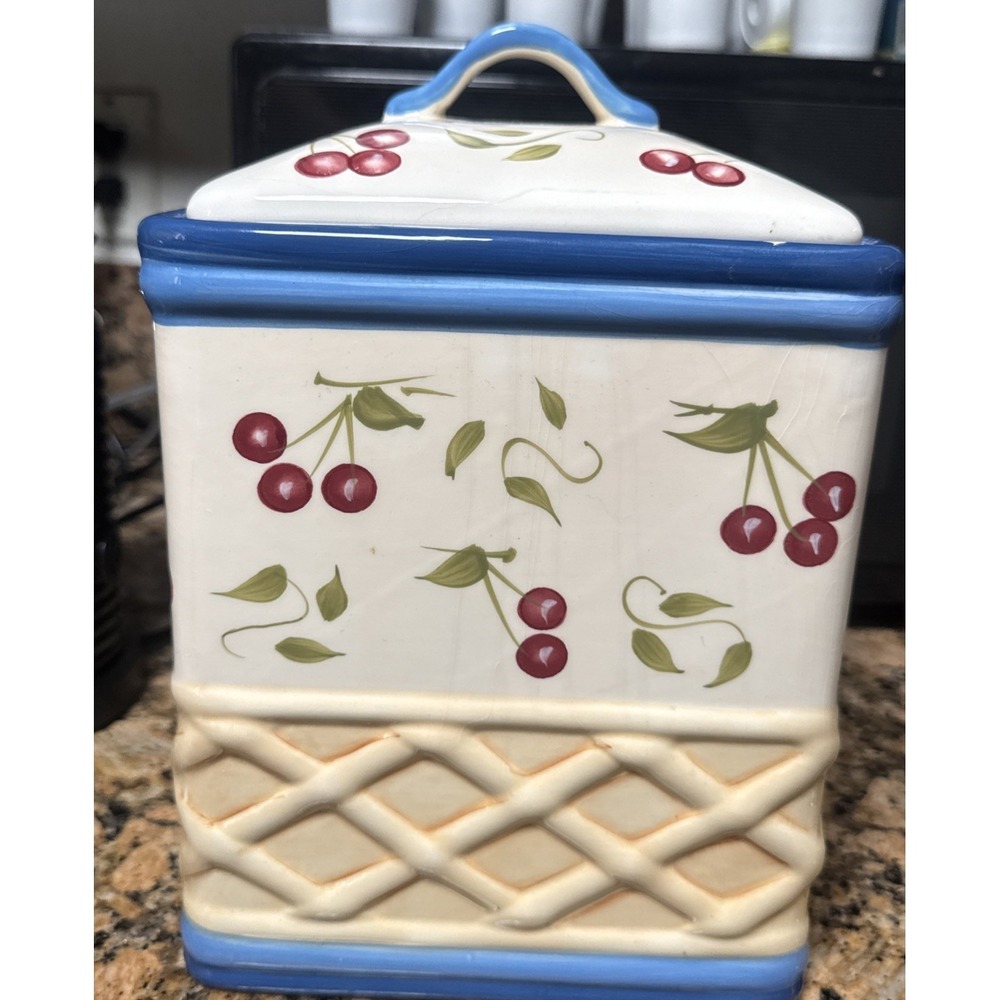 INSPIRADO Large Handpainted Stonelite Clay Cookie Jar Cherry Basket Weave Design